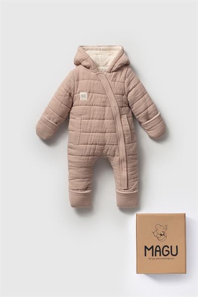 Kız Bebek Organik Pamuklu Pembe Kapitone Kışlık Tulum - Kapüşonlu
