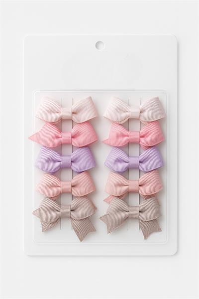 Kız Çocuk Renkli 10li Fiyonk Toka Seti - Ekru, Pembe, Lila ve Bej Tonlarda