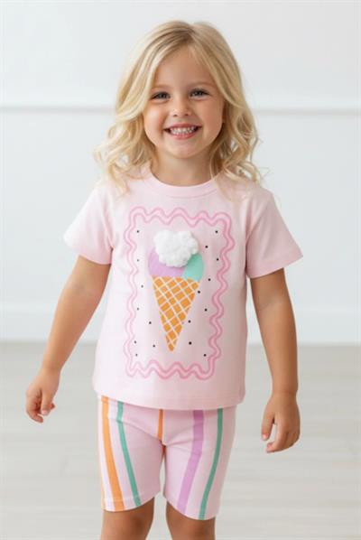 Kız Çocuk Pamuklu Pembe Dondurma Desenli T-Shirt ve Çizgili Tayt Takım