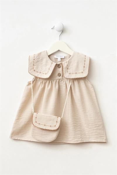 Kız Çocuk Pamuklu Nakışlı Çantalı Elbise 