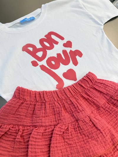 Kız Çocuk Pamuklu Bonjour Baskılı T-shirt Fırfırlı Etek Takım
