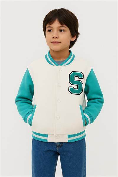Unisex Çocuk Pamuklu Beyaz Turkuaz Kolej Ceket - Harf Aplikeli Bomber Mont