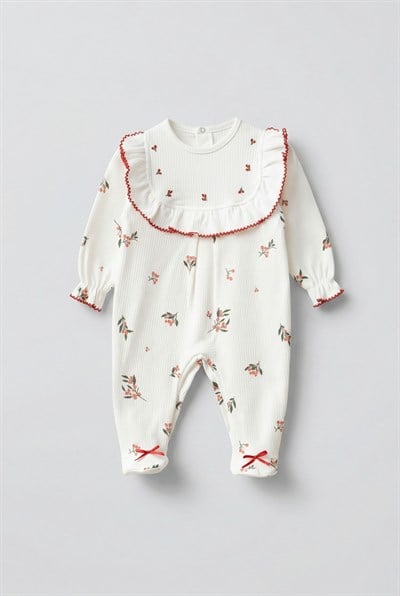Kız Bebek Pamuklu Ekru Çiçek Desenli Tulum ve Bandana Set