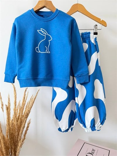 Çocuk Pamuklu Tavşan Baskılı Mavi Sweatshirt ve Desenli Eşofman Altı Takımı