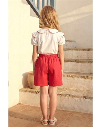 Kız Çocuk Pamuklu Ekru Kiraz Nakışlı Bluz Etek Takım