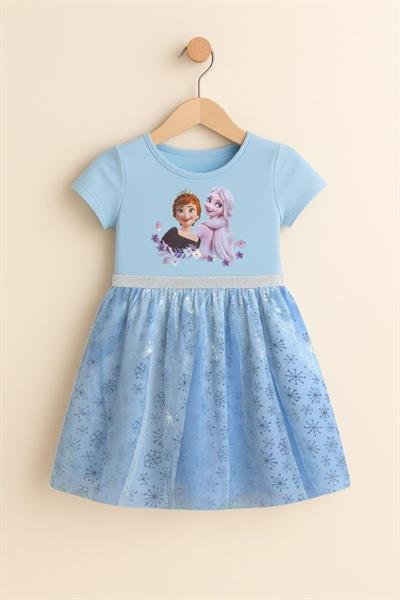 Kız Çocuk Frozen Elsa Anna Baskılı Tüllü Elbise - Simli Kar Tanesi Desenli	