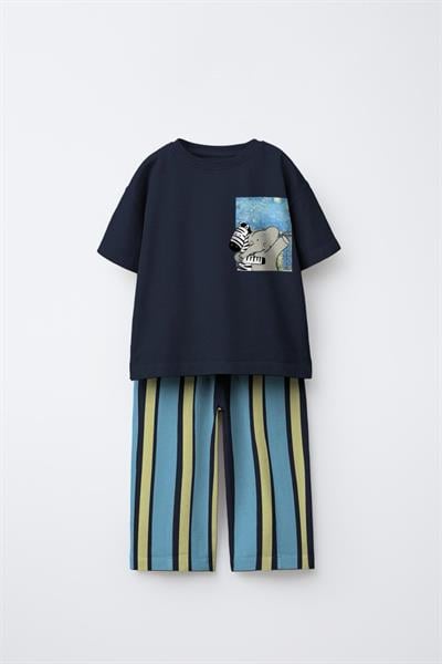  Çocuk Pamuklu Lacivert Sevimli Magu and Milo Baskılı Takım - Cepli T-Shirt & Çizgili Pantolon