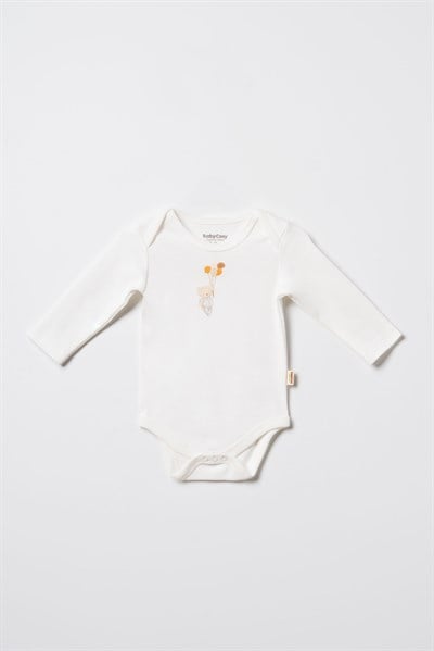 Unisex Bebek Pamuklu Ekru 2li Uzun Kollu Body Seti - Desenli ve Ayıcık Baskılı