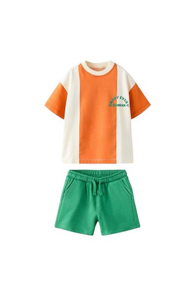 Erkek Çocuk Pamuklu Yeşil Turuncu Sloganlı T-shirt ve Şort Takım – Sunbeam Yazısı Detaylı