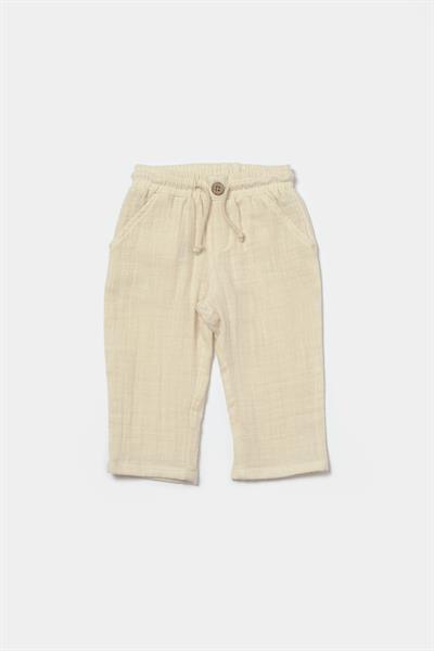 Unisex Bebek Organik Pamuklu Ekru Müslin Kapüşonlu Ceket ve Pantolon Takım – Koyun Nakış Detaylı