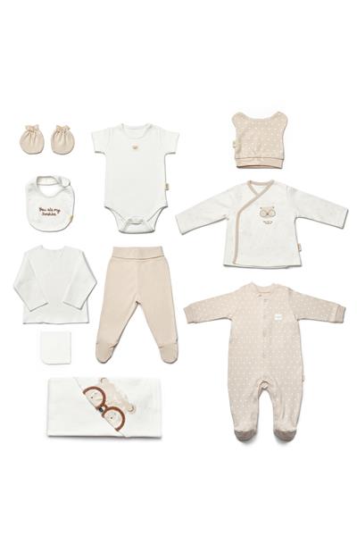 Unisex Bebek Organik Pamuklu Bej Ayıcık Desenli 10 Parça Hastane Çıkış Seti 