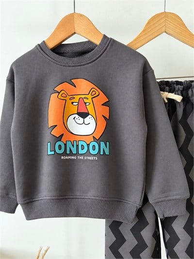 Erkek Çocuk Pamuklu Aslan Baskılı Antrasit Sweatshirt ve Eşofman Takımı