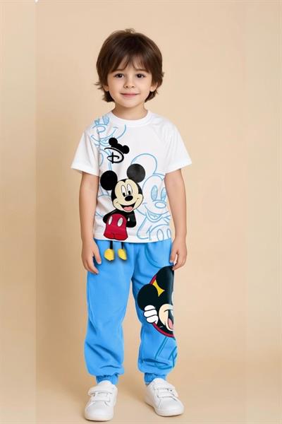 Erkek Çocuk Pamuklu Beyaz Mickey Mouse Baskılı T-shirt ve Mavi Eşofman Altı Takım