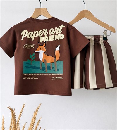 Unisex Çocuk Pamuklu Kahverengi Tilki Baskılı T-Shirt Şort Takım