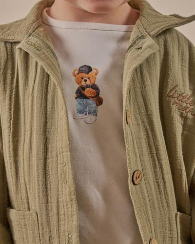 Erkek Çocuk Pamuklu Haki Müslin Ceketli T-Shirtli Pantolon Takım