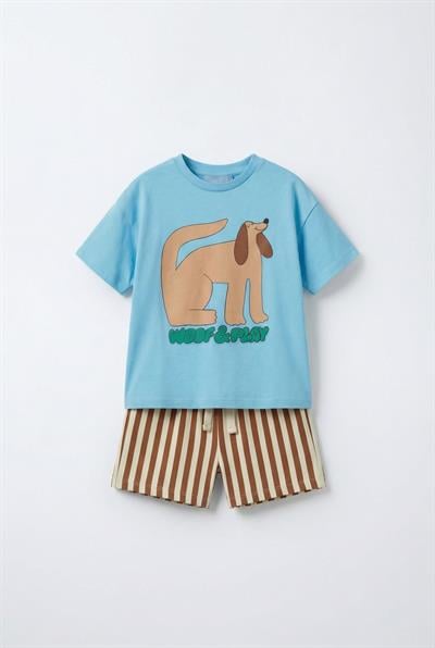 Çocuk Pamuklu Mavi Köpek Baskılı T-Shirt ve Çizgili Şort Takım