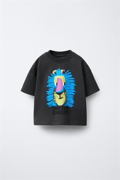 Erkek Çocuk Pamuklu Antrasit Aslan Baskılı T-Shirt ve Çizgili Eşofman Takım