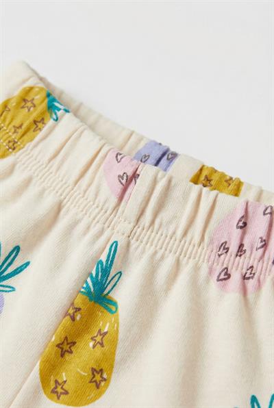 Unisex Çocuk Pamuklu Ekru Ananas Desenli T-Shirt Şort Takım - Yazlık İkili Set