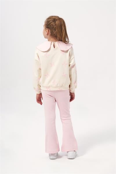 Kız Çocuk Pamuklu Pembe Çiçek Desenli Geniş Yaka Sweatshirt ve Tayt Takım