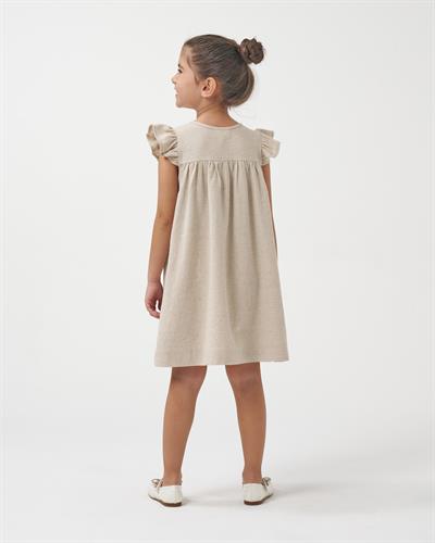 Kız Çocuk Keten Bej Çiçek Nakışlı Fırfır Kollu Elbise