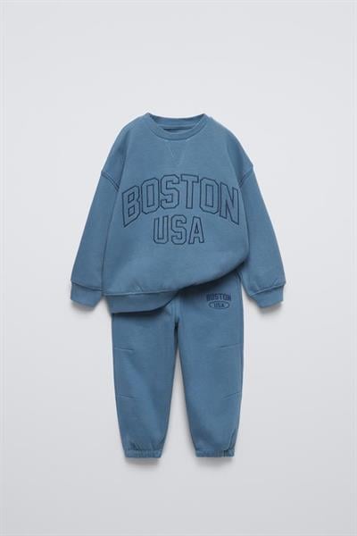 Erkek Çocuk Pamuklu Mavi Boston USA Baskılı Sweatshirt Eşofman Takım