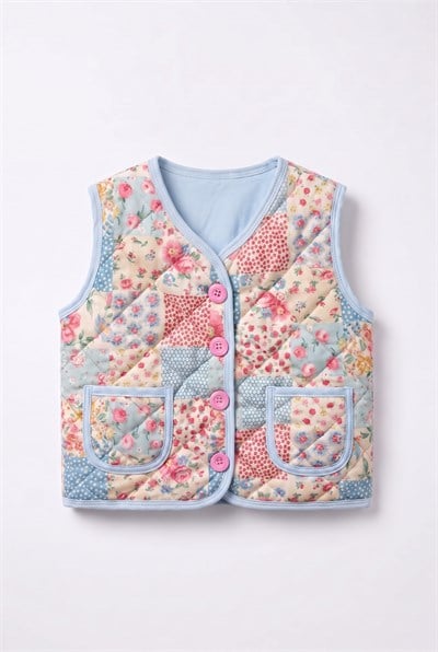 Kız Çocuk Pamuklu Çiçekli Patchwork Desenli Kapitone Yelek