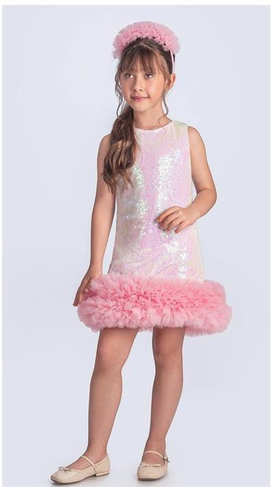Kız Çocuk Pembe Pul Payetli Tüllü Fırfır Etek Ucu Detaylı Elbise