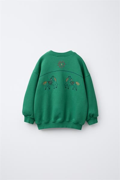 Unisex Çocuk Yeşil At Nakışlı Oversize Sweatshirt ve Çizgili Pantolon Takım