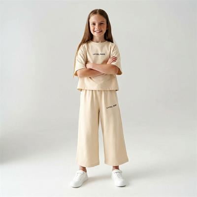 Kız Çocuk Pamuklu Bej Baskılı T-Shirt Pantolon Takım - Bol Kesim Rahat Set