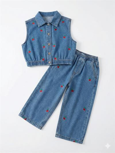 Kız Çocuk Pamuklu Mavi Kiraz Nakışlı Denim Takım - Kolsuz Gömlek Yaka & Geniş Paça Pantolon