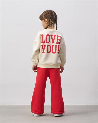 Kız Çocuk Pamuklu Ekru Kalpli Sweatshirt Kırmızı İspanyol Paça Eşofman Alt Takım