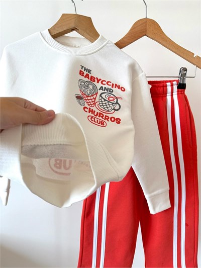 Çocuk Pamuklu Baskılı Ekru Sweatshirt ve Kırmızı Şeritli Pantolon Takımı