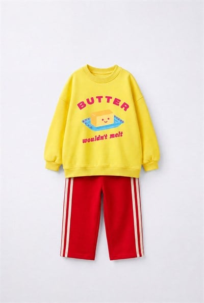 Çocuk Pamuklu Sarı Baskılı Sweatshirt ve Kırmızı Şeritli Pantolon Takımı