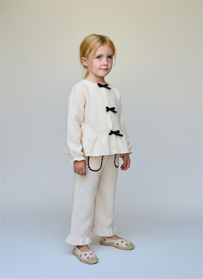 Kız Çocuk Pamuklu Krem Şık Fiyonk Detaylı Takım – Rahat ve Zarif Tasarım