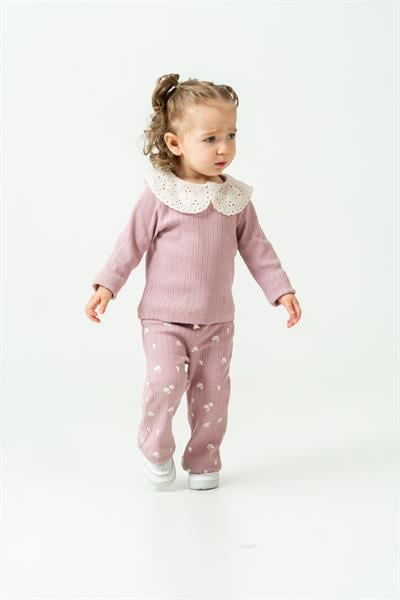 Kız Çocuk Pamuklu Lila Dantel Yaka Sweatshirt ve Çiçek Desenli Tayt İkili Takım