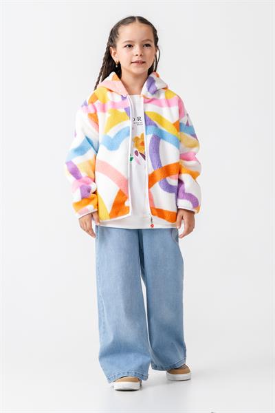 Kız Çocuk Pamuklu Renkli Desenli Kapüşonlu Fermuarlı Polar Mont - Konforlu Dış Giyim