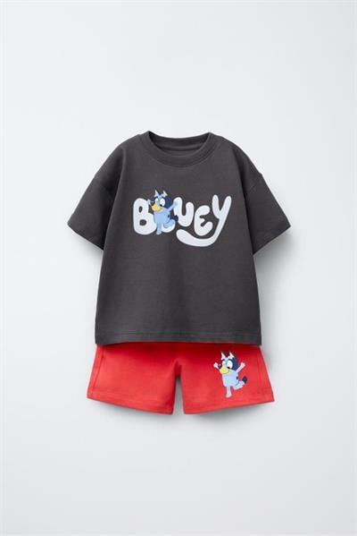 Unisex Çocuk Pamuklu Siyah Kırmızı Bluey T-shirt ve Şort Takım