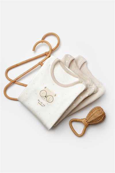 Unisex Bebek Pamuklu Bej Noktalı 3lü Uzun Kollu Body Seti - Ayıcık Desenli