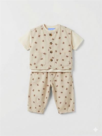 Unisex Çocuk Pamuklu Bej Ayıcık Desenli Düğmeli Cepli Yelek Pantolon Takım