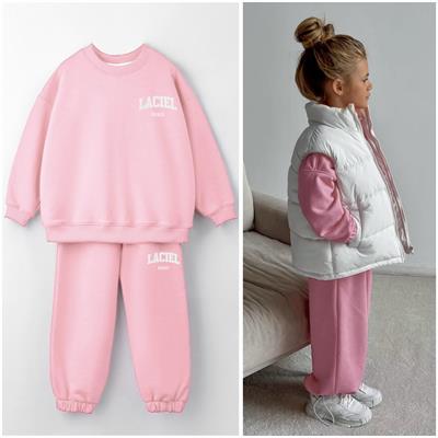 Kız Çocuk Pamuklu Pembe Sweatshirt Eşofman Alt-Üst Takım