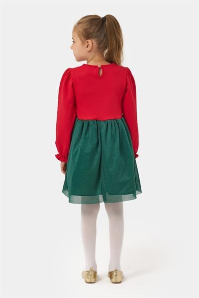 Kız Çocuk Pamuklu Kırmızı Yeşil Yılbaşı Ağacı Desenli Tüllü Elbise - Parıltılı Etek Detaylı