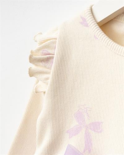 Kız Bebek Pamuklu Lila Tüllü Fiyonklu Elbise - Uzun Kollu Ribana