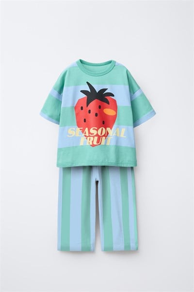 Kız Çocuk Pamuklu Çilek Baskılı T-shirt Eşofman Takım