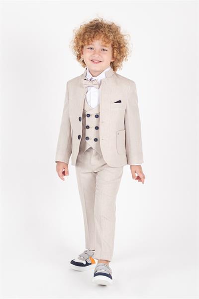 Krem Çocuk Takım Elbise Şık Tasarım Papyonlu Yelekli Ceketli Smokin