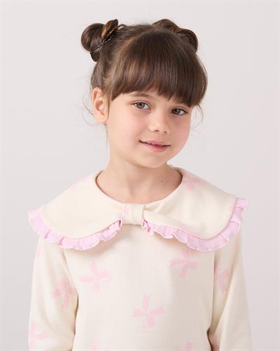 Kız Çocuk Pamuklu Lila Fiyonklu Volan Yaka Sweatshirt ve İspanyol Paça Pantolon Takım