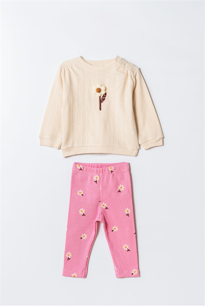 Kız Çocuk Pamuklu Krem Sweatshirt ve Pembe Çiçek Desenli Tayt İkili Takım