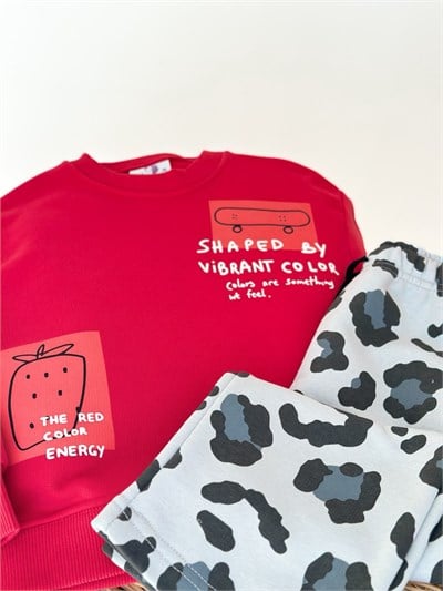 Çocuk Baskılı Kırmızı Sweatshirt ve Eşofman Takımı
