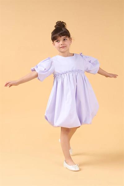 Kız Çocuk Pamuklu  Fiyonklu Balon Kollu Elbise