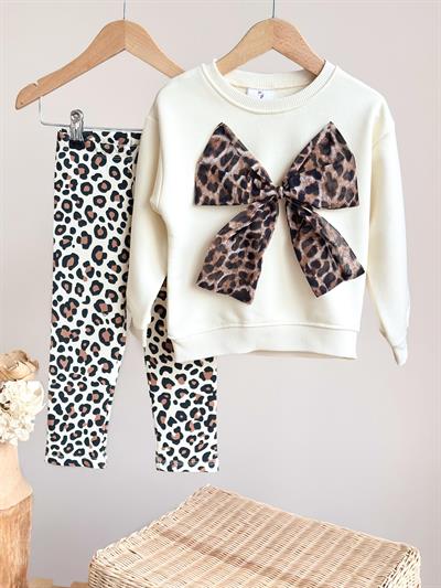 Kız Çocuk Pamuklu Krem Leopar Fiyonk Sweatshirt Takım - Leopar Desenli Taytlı Günlük Model