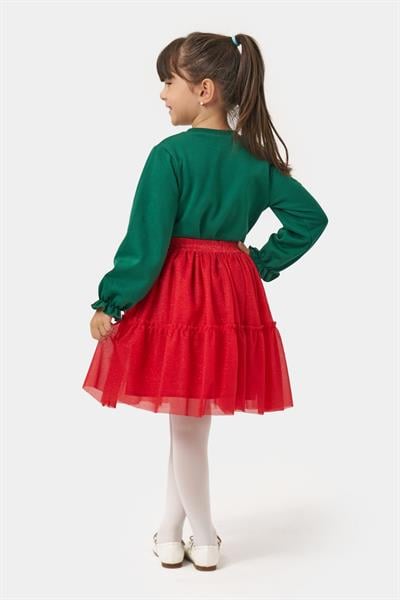 Kız Çocuk Pamuklu Yeşil Yılbaşı Ağaç Baskılı Uzun Kollu Kırmızı Tüllü Takım - Happy Holidays Temalı